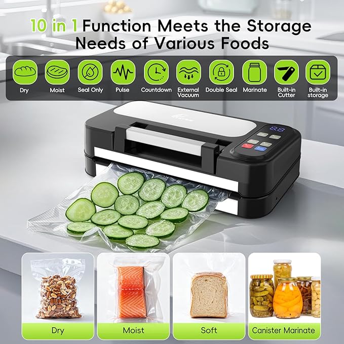 95kpa Vacuum Sealer Machine for Food, Commercial Full Automatic Food Saver Sealer, Meat Vacuum Packing Machine with Bags Storage, Built-in Cutter, Double Heat Seal, Marinate&External Vacuum