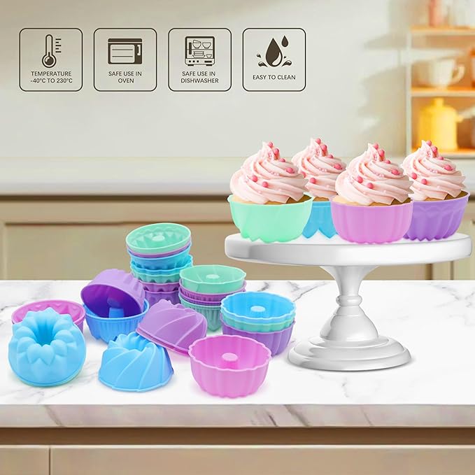To encounter 24Pack Silicone Molds, Nonstick 3 inches Donut Mold, Silicone Baking Cups, Donut Pan, Muffin, Jello, Bagel Pan, Oven- Microwave- Dishwasher Safe