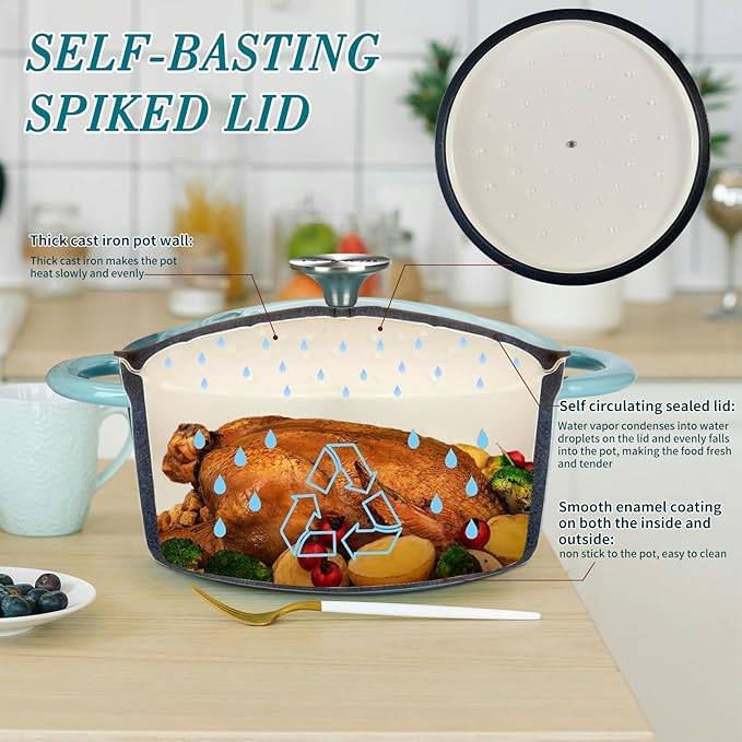 COOKWIN Cast Iron Dutch Oven, 3 QT Round Dutch Oven Pot with Self Basting Lid for Home Baking, Braiser, Cooking, Great Christmas Gifts for Family,Teal