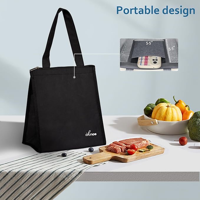 iknoe Insulated Lunch Bag for Women & Adults, 9L Foldable Wide-Open Cooler Bag with Pockets, Leakproof & Portable, for Picnic, Office, Beach(Plain Black)