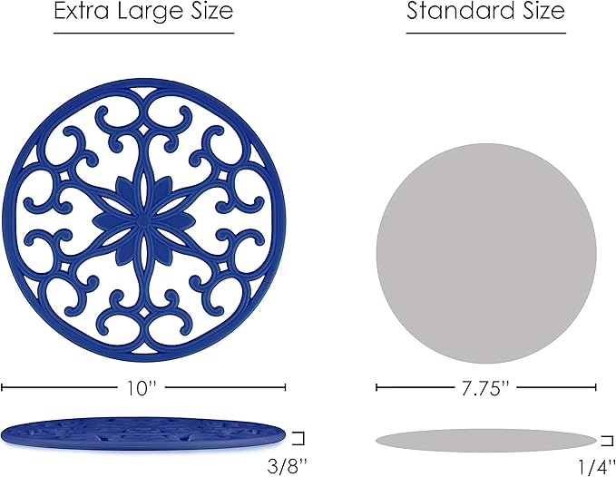 GASARÉ, Extra Large, Thick, 10" Silicone Trivets for Hot Dishes, Pots, and Pans, Hot Pads for Countertops, Flexible, Dishwasher Safe, 10 x ¼ Inches, Set of 3, Blue