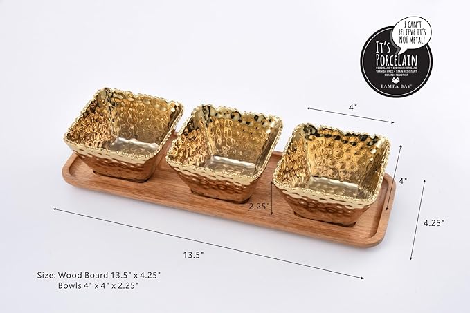 ampa Bay Gold Porcelain Entertaining Set, 3 Square Snack Bowls with Wood Tray