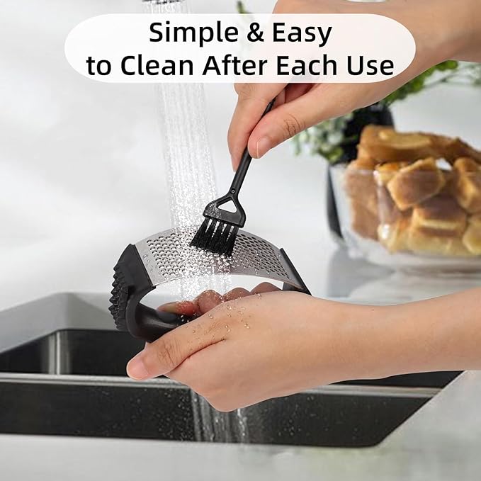 Stainless Steel Garlic Press Rocker Set - Heavy Duty Garlic Mincer, Crusher & Chopper with Silicone Peeler, Cleaning Brush - Effortless Smasher and Grinder Tool for Easy Kitchen Prep (Black)