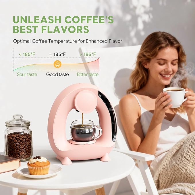 BENFUCHEN Pod and Grounds Single-Serve Coffee Maker, 2 in 1 One Cup Coffee Machine Compatible with K-Cup Pod & Coffee Grounds/Tea, Compact Design, 4-8oz, Pink