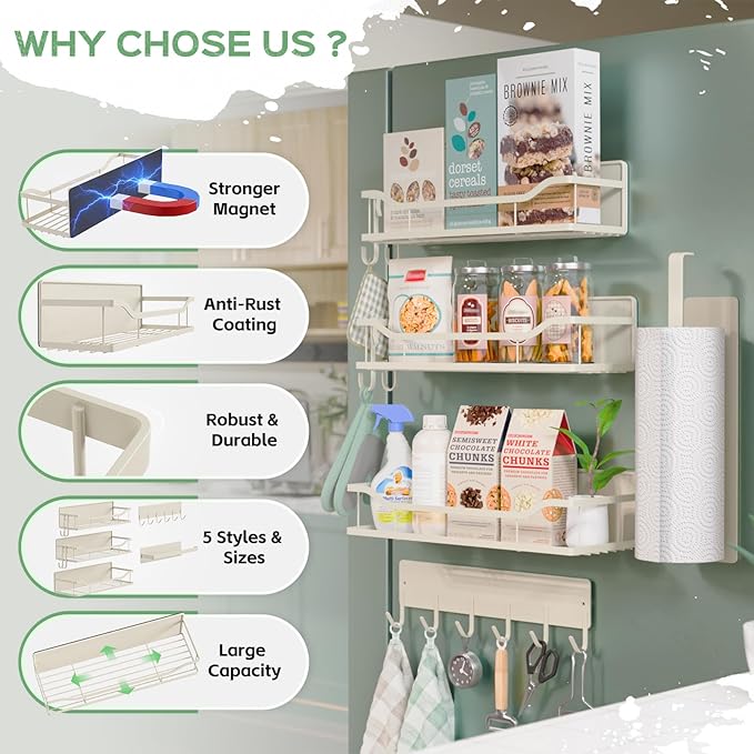 5 Pack Multifunctional Magnetic Shelves for Refrigerator Spice Rack & Washing Machine Organize, Include Paper Towel Holder, Kitchen Utensil Hanger and Hooks, Strong Magnet for Secure Hold (Cream)