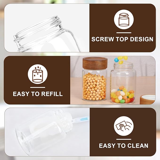 Glass Jar with Airtight Lid, 4 Pack 7oz Glass Canister with Wood Lids, Kitchen Food Storage Containers, Wooden Screw Top Glass Coffee Jars for Sugar, Tea, Oatmeal, Candy, Seasoning, Beans, Salad