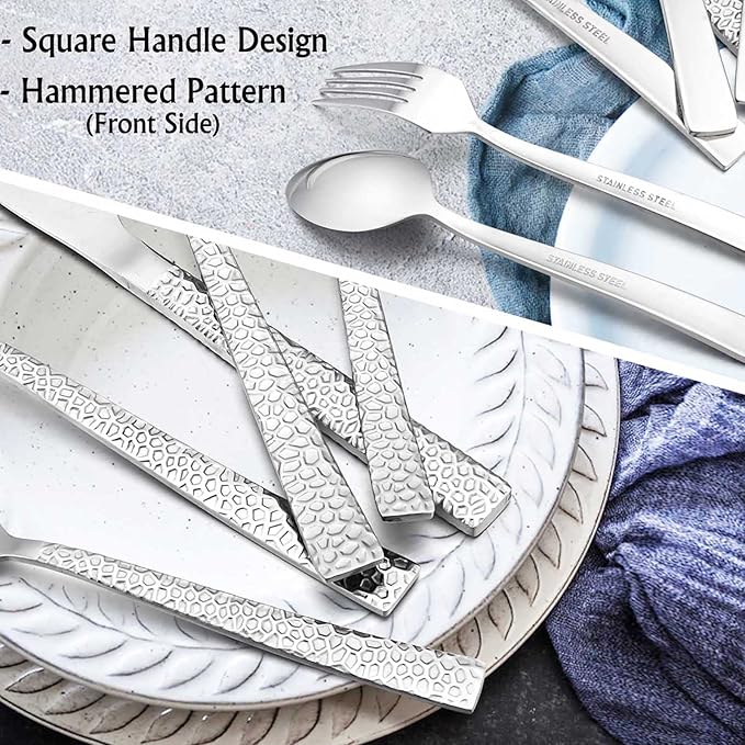 E-far 80-Piece Hammered Silverware Set, Stainless Steel Square Flatware Set Service for 16, Tableware Cutlery Set Includes Forks Spoons Knives, Modern Design & Mirror Polished - Dishwasher Safe
