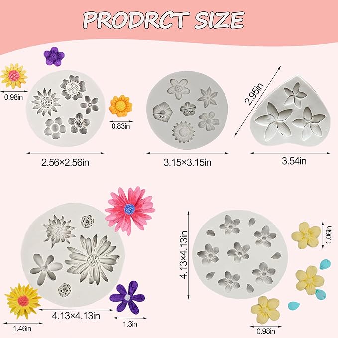 5Pcs Flower Molds Silicone Chocolate Mold Daisy Flower Fondant Polymer Clay Resin Mold Soap Ice Cube Jello Molds for Baking and Cake Cupcake Decorating
