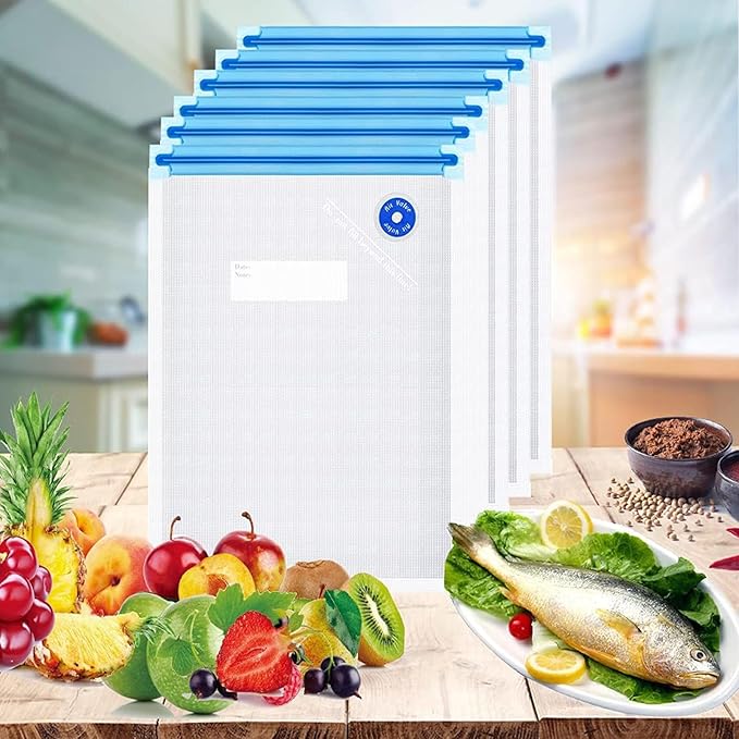 Sous Vide Bags 31 Pcs (24 Pcs Vacuum Zipper Bags & 2 Seal Clips & 5 Air Valves), Reusable BPA Free Vacuum Sealer Bags (13 * 10 in) Vacuum Food Storage Bags for Cooking/Food Storage/Microwave Heating