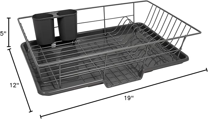 Sweet Home Collection 3 Piece Metal Dish Drainer Rack Set with Drying Board and Utensil Holder, 12" x 19" x 5", Gray