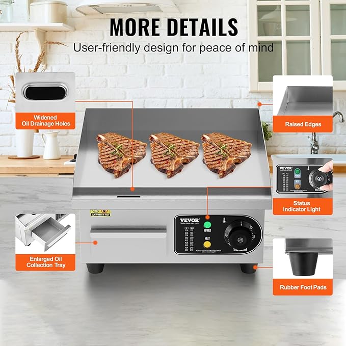 VEVOR Commercial Electric Griddle, 1700W Countertop Flat Top Grill, 14in Stainless Steel Griddle Grill with 2 Shovels and 2 Brushes for Home or Restaurant, 122℉-572 ℉ Adjustable Temp