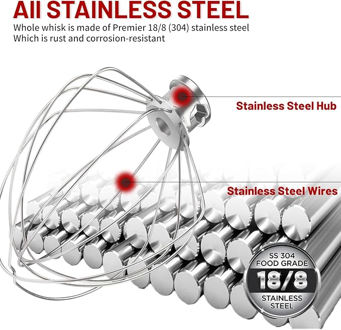 KN256WW 6 Wire Whip Attachment for KitchenAid 5 5.5 6 Quart Bowl Lift Stand Mixer, Dishwasher Safe, All Stainless Steel Balloon Whisk, 6 Wire whip for Kitchenaid KSM55,5KSM60, KP26/KP26/KL26