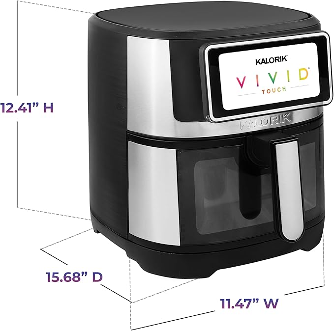Kalorik Air Fryer VIVID TOUCH Series 5 Quart Capacity with High-Resolution Touchscreen 202 Cooking Presets in 12 Food Categories with View Window, 1500-Watts, Stainless Steel
