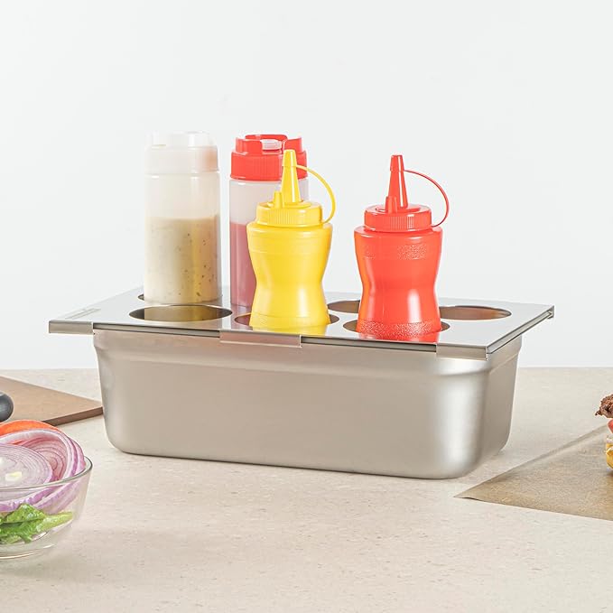 Restaurantware Squeeze Bottle Template Pack of 1 Stainless Steel 7 Hole Holder Top, 2.5" and 2.93" Diameter Fits 1/3 Size Food Pans, Dishwasher Friendly Integrated Lip Design Holder Top