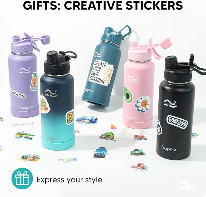 Swigina Insulated Water Bottle with Silicone Boot (36hrs Cold/18hrs Hot) - DIY Stickers, [2-in-1 Lid], BPA Free, 32 oz