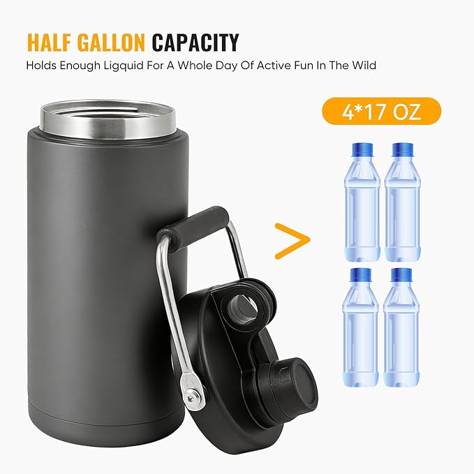 Kerilyn Insulated Hlalf Gallon Jug with Handle, 64oz Stainless Steel, Large Double Vacuum Water Bottle for Hot & Cold Drinks, Wide Mouth, Sweat Proof, Great for Travel, Camping, Grey