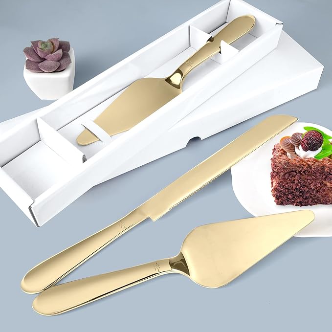 Eisinly Cake Cutting Set for Wedding, Elegant Cake Knife and Server Set with Thickened Stainless Steel Rounded Edges, Cake Cutter Pie Spatula for Birthday Anniversary, 2 Pcs, Gold
