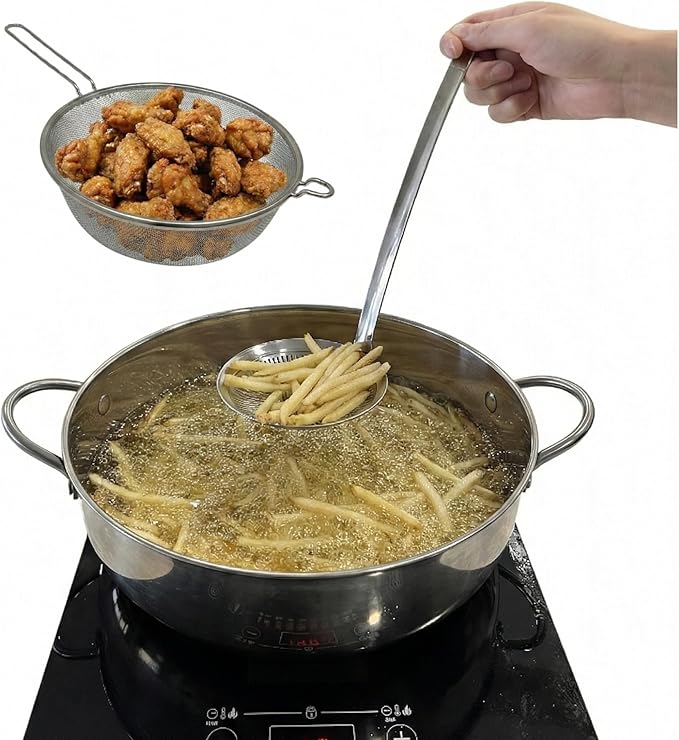 Saltlas 4.4Qt/4.2L Deep Fryer Pot with Basket and Strainer Spoon, 304 Stainless Steel Fish Frying Pot for Seafood, Chicken, French Fries, Japanese Tempura