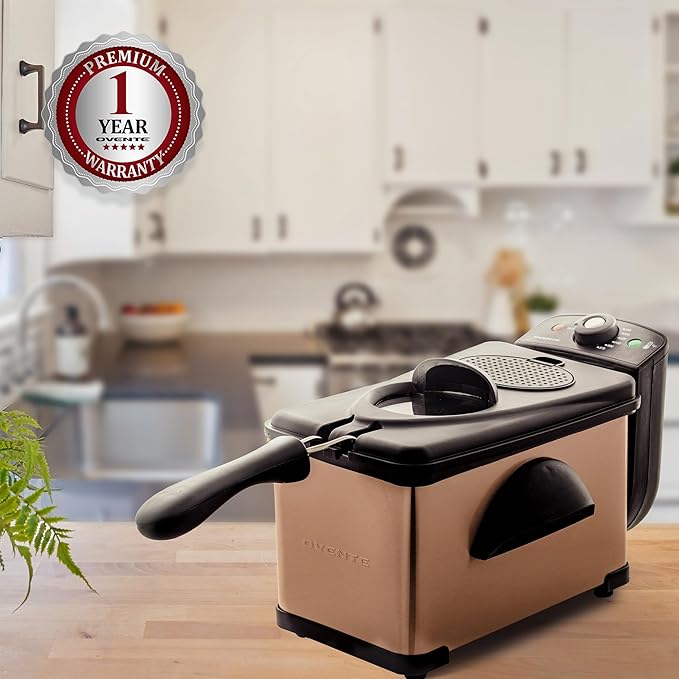 OVENTE Electric Deep Fryer 2L Capacity, Lid with Viewing Window, Adjustable Temperature, Removable Frying Basket & Cool Touch Handle, 1500W Power, Easy to Clean Stainless Steel Body, Copper FDM2201CO