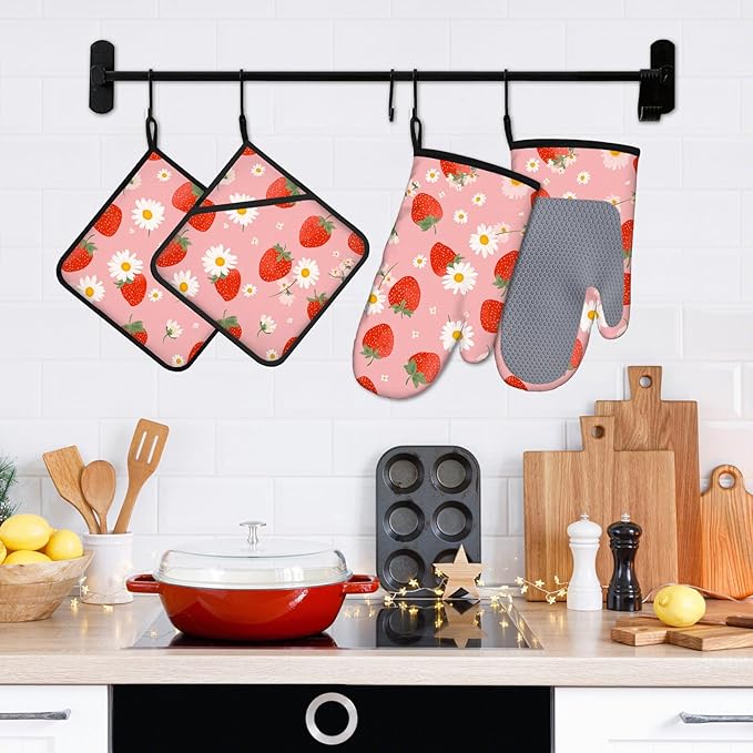 Strawberry Flowers Oven Mitts and Pot Holders Sets 4Pcs Silicone Non-Slip Mitts Heat Resistant Gloves Hot Pads for Kitchen Cooking Baking Grilling BBQ