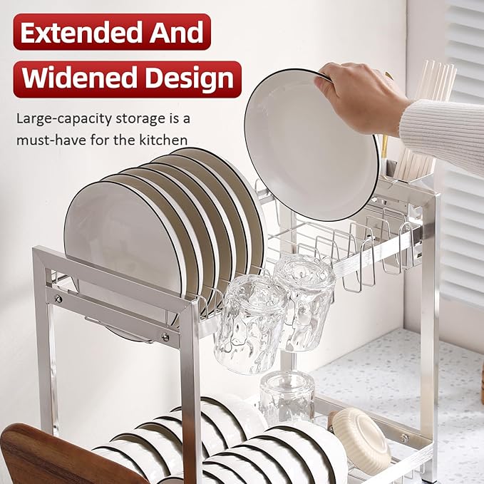 Dish Drying Rack, Double Layered countertop Kitchen Organizer with Drainage Large Bowl Rack and Storage Rack with Drainage Board (Silver Upgraded Version)