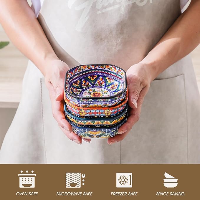 Boho 8 Oz Dipping Sauce Bowls, 4.3 Inches Ceramic Soy Sauce Dish, Bohemian Small Plates 4 Inch,Square Side Dishes, Small Appetizer Plates Set of 4, Colorful Dip Bowl, Microwave, Dishwasher, Oven Safe