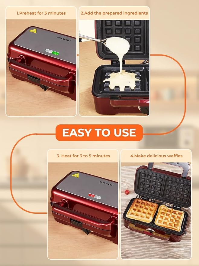 HOUSNAT Sandwich Maker, 3 in 1 Waffle Maker with Removable Plates, 1200W Panini Press with Interchangeable Non-Stick Plates, Indicator Lights, 5-gear Temperature Control (Red)