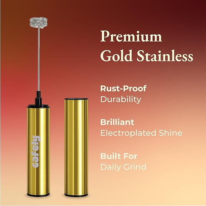 Premium Gold Milk Frother Handheld - USB Rechargeable Foam Maker with Dual Stainless Steel Whisks - Powerful Drink Mixer for Lattes & Matcha