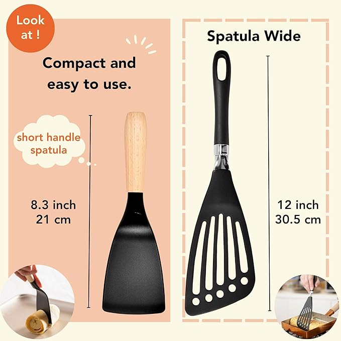 Short Spatula, Stylish Kitchen Tool, Flexible Non Stick Heat Resistant Nylon Turner Spatula, Wooden Short Handle, Cooking for Fish, Eggs, Pancakes