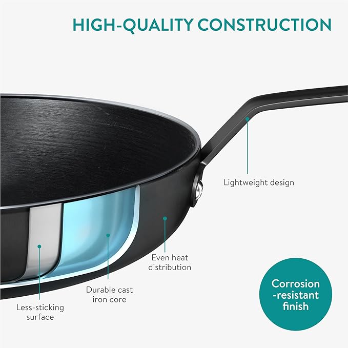 Navaris Nitrided Cast Iron Skillet - 10"(25cm) Lightweight & Smooth Frying Pan - Dishwasher Safe - No Re-Season Needed, for Oven, Stovetop, Grill & Campfire, Induction Ready