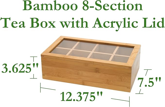 Lipper International Bamboo Wood Tea Box with Clear Lid, 8 Compartments, 12-1/2" x 7-1/2" x 3-5/8"