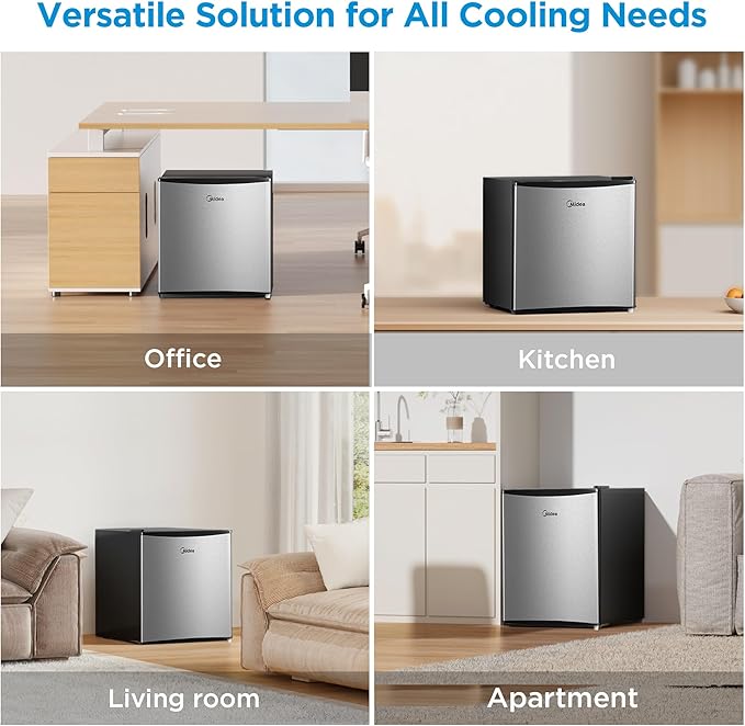 Midea MERM17B0ASL 1.7 Cu Ft Mini Fridge, Compact Refrigerator with Adjustable Thermostat, Reversible Door, Low Noise, Energy Efficient, Ideal for Dorm, Office, Bedroom, Steel Gray