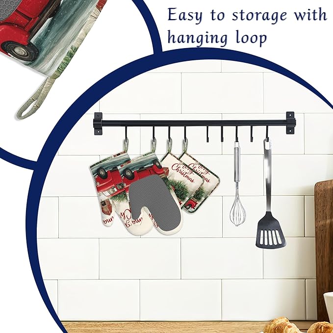 Red Truck Tree Pot Holders and Oven Mitts Set Silicone Winter Merry Christmas Kitchen Gloves Potholders Heat Resistant Washable,Chef Cooking Baking Gifts for Women Men Bakers Lover Cooks