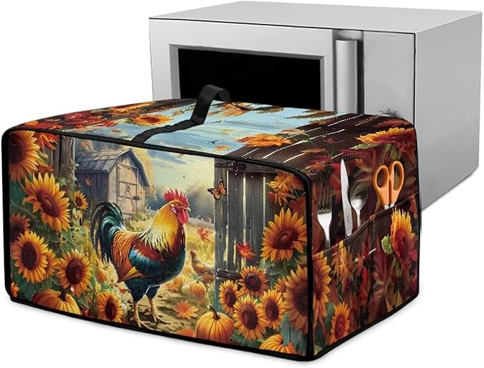 Toaster Oven Dust Cover Dustproof Smart Oven Air Fryer Microwave Cover with Pockets, Electric Appliance Protector Fall Home Decor, M, Chicken Rooster Sunflower Pumpkin Butterfly