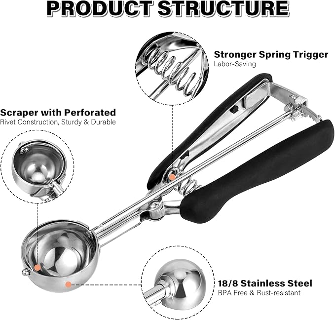 Cookie Scoop 2 Tbsp for Baking, Professional Stainless Steel Ice Cream Scoop 44mm, Melon Baller Muffin Scoop, Good Soft Grips, Quick Trigger Release, 30ml (2 Tablespoon)