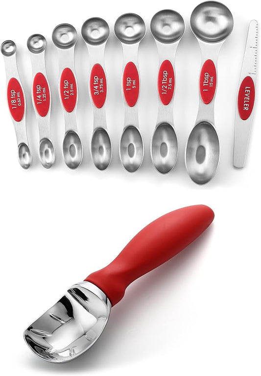 Spring Chef Ice Cream Scoop and Magnetic Measuring Spoons Set Bundle - Red