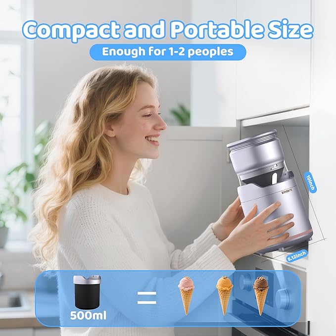 BRIOBITE Ice Cream Maker,Rechargeable Soft Ice Cream Machine with Low Noise,Compact for 1-2 Servings,Perfect for Sorbet,Gelato,Frozen Yogurt,Silver