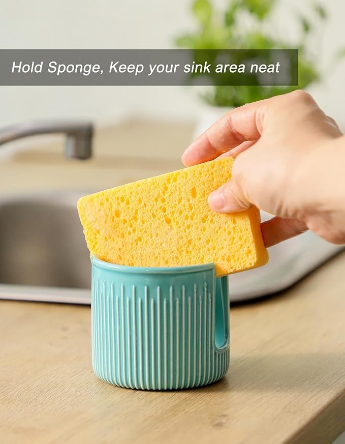 Ceramic Sponge Holder for Kitchen Sink, Scrub Sponge Dish Rack, Farmhouse Compact Sink Caddy Organizer, Turquoise