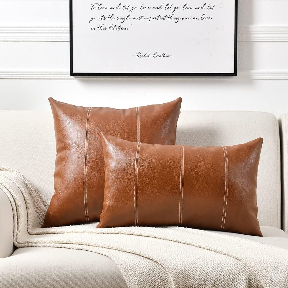 Fancy Homi Hand Stitched Brown Faux Leather Decorative Throw Pillow Covers 18x18 Inch for Living Room Couch Bed Sofa, Accent Square Cushion Case 45x45 cm, Rustic Modern Farmhouse Boho Home Decor