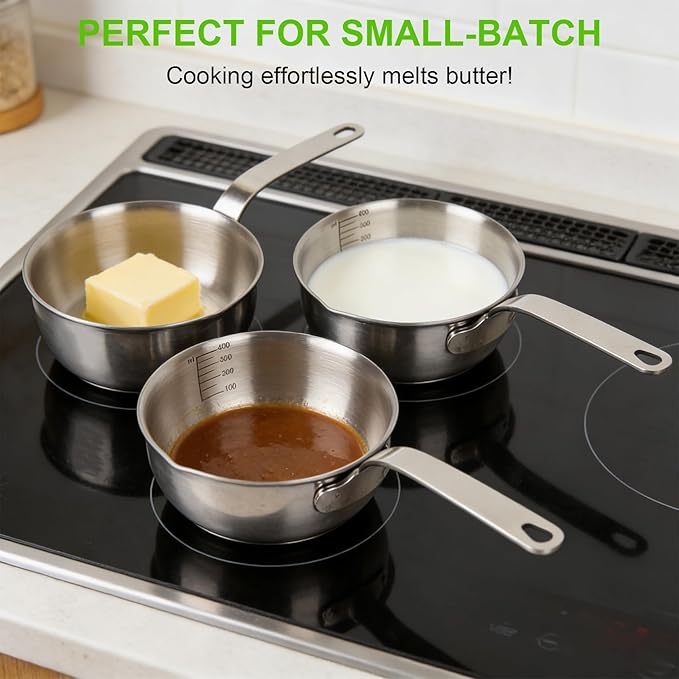 18/10 Stainless Steel Butter Warmer with Silicone Scraper – 13.5 fl oz (400 ml) Mini Saucepan with Pour Spouts, Milk/Coffee/Chocolate Melter, Compatible with Induction & Gas Stoves