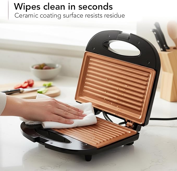 OVENTE Electric Panini Press Grill with Nonstick Plates, LED Indicator Lights, Thermostat Control, Compact Sandwich Maker Perfect for Cooking Breakfast, Steaks, Eggs Snacks & More, Copper GP0110CO