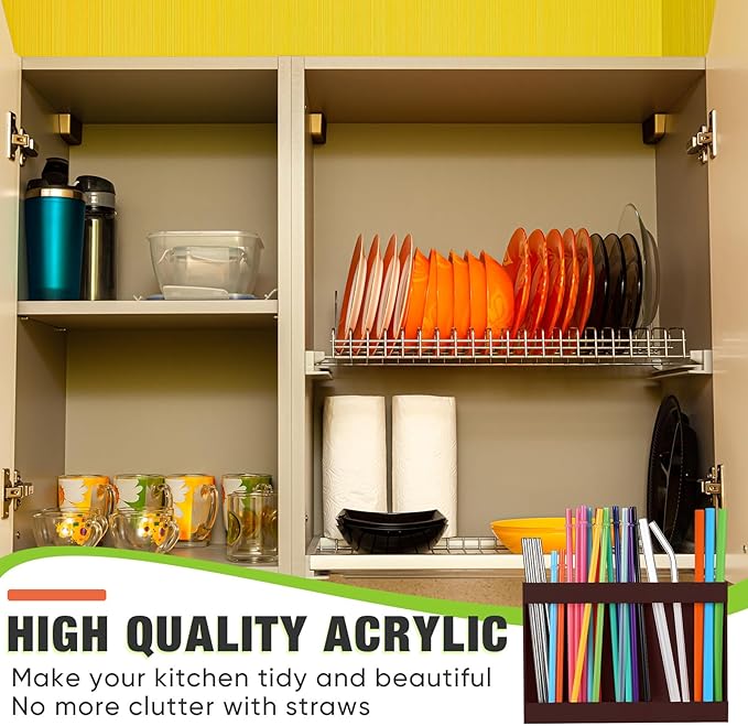 Qinyoung Acrylic Straw Holder for Cabinet Door with Double Sided Adhesive Tape Reusable Straw Organizer Tumbler Storage Kitchen Accessories Container for Counter Cupboard(Classic,Large,Brown)