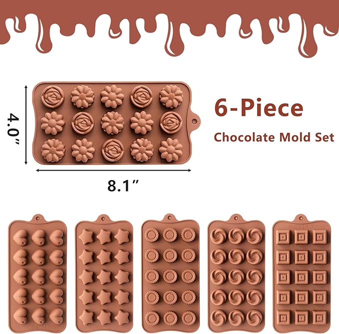 6 Pack Chocolate Molds Candy Molds Silicone, Food-Grade Non-Stick Jelly Mold, Crayon Mold, Silicone Baking Mold BPA-Free, including Flower, Heart, Star, Round, Square, and Swirl