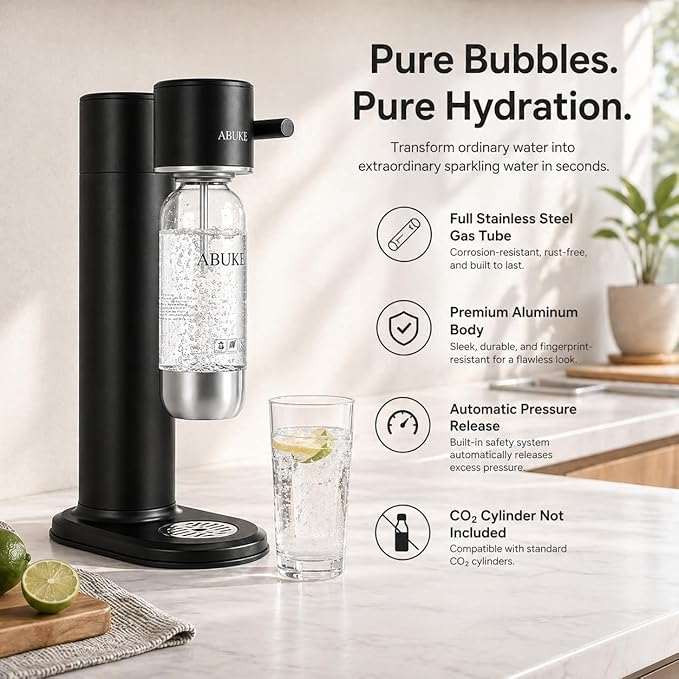 Aluminum Sparkling Water Maker with Lever Handle, Metal Body & Nozzle, Compatible with Threaded CO2 Cylinders, Automatic Pressure Release, BPA-Free PET Bottle, 2-Year Warranty