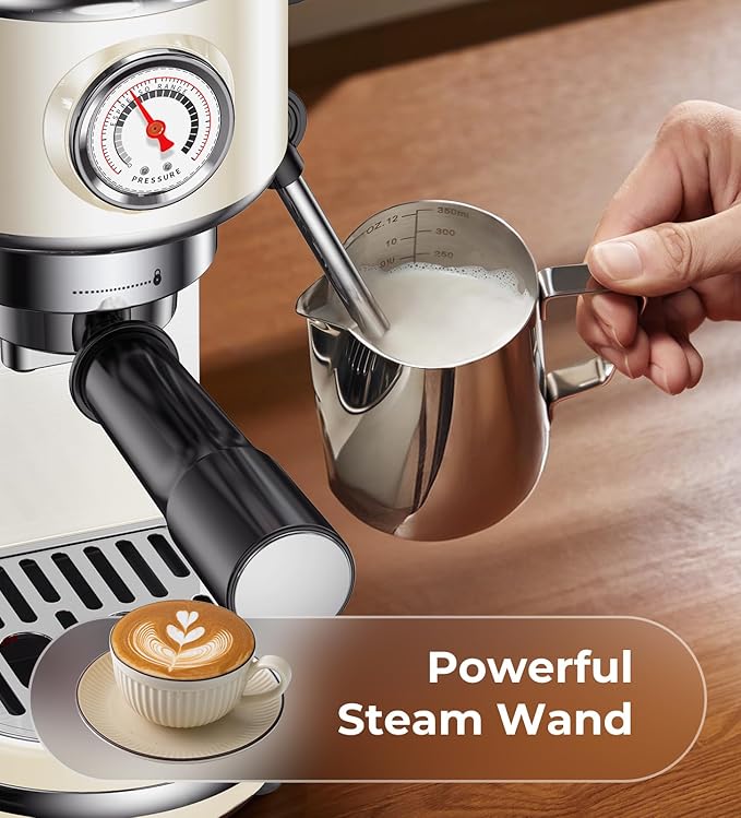 atatix 20 Bar Espresso Machine with Milk Frother, Compact Espresso Maker, Stainless Steel Coffee Machine with Precise Temp Control & 44oz Removable Water Tank for Latte, Cappuccino, Creamy White