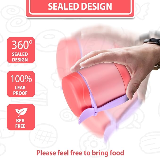 10oz Soup Thermo for Hot Food Kids,Lunch Thermo Kids Food Jar with Spoon Hot Insulated Food Containers,Leak Proof Stainless Steel Wide Mouth Lunch Thermo Jar for School(Pink)