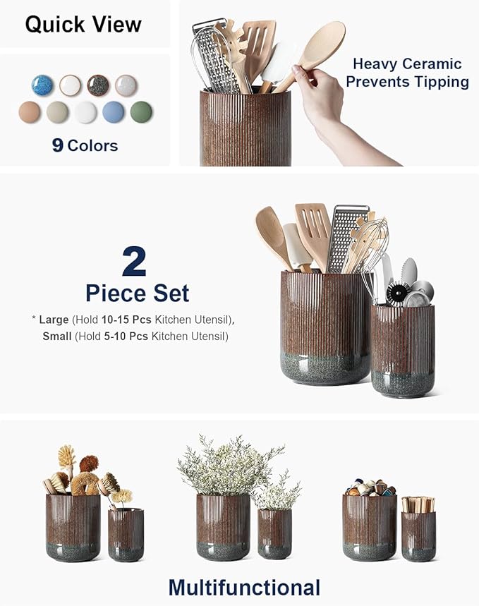 LE TAUCI Utensil Holder for Kitchen Counter, 7.3"+5.4" Fluted Ceramic Utensil Crock Organizer for Countertop, Heavy Large Holder for Spatulas, Spoons, Set of 2, Olive Brown Marble