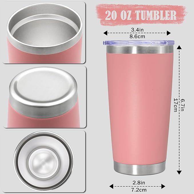 20 oz Tumbler Coffee Travel Tumblers Bulk with Lid Stainless Steel Double Wall Vacuum Insulated Mug Powder Coated Cups fit Car Cupholder for Hot and Cold - Pink, 1Pack