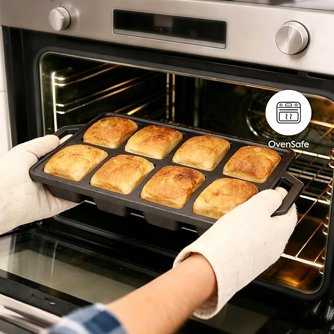 Flavehc 2pack Cast Iron Mini Loaf Pans 8-Cavity Bread Loaf Pans Pre-Seasoned Baking Pan Molds with Handle Bread Pans for Homemade Bread