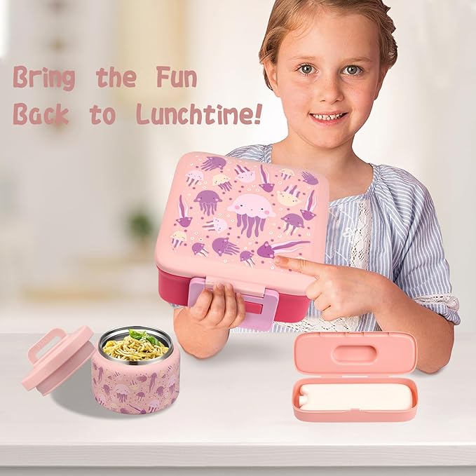 Bento Lunch Box for Kids with 8oz Soup Thermo,Leak-Proof Lunch Containers with 5 Compartment,Thermo Food Jar Food Containers for School (Pink-Jellyfish)